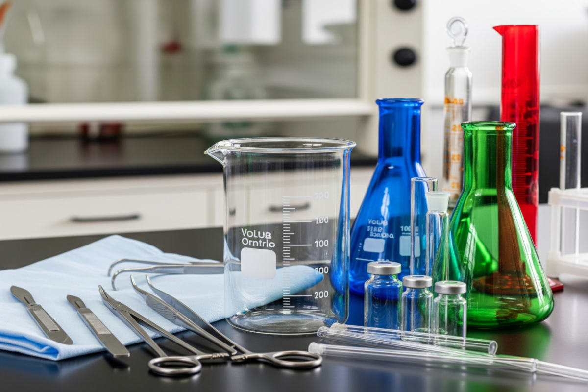 Photo of a set of glassware with medical equipment. AI generated content.