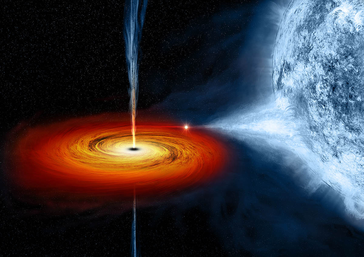 Un trou noir aspirant l’atmosphère d’une étoile géante qui s’approche un peu trop près.