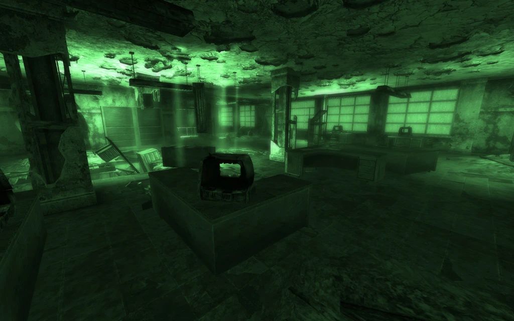 Vue avec des lunettes à vision nocturne dans le jeu vidéo Fallout.