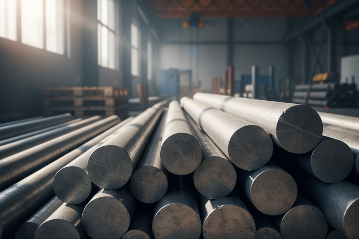 Barres d’acier dans un entrepôt industriel.